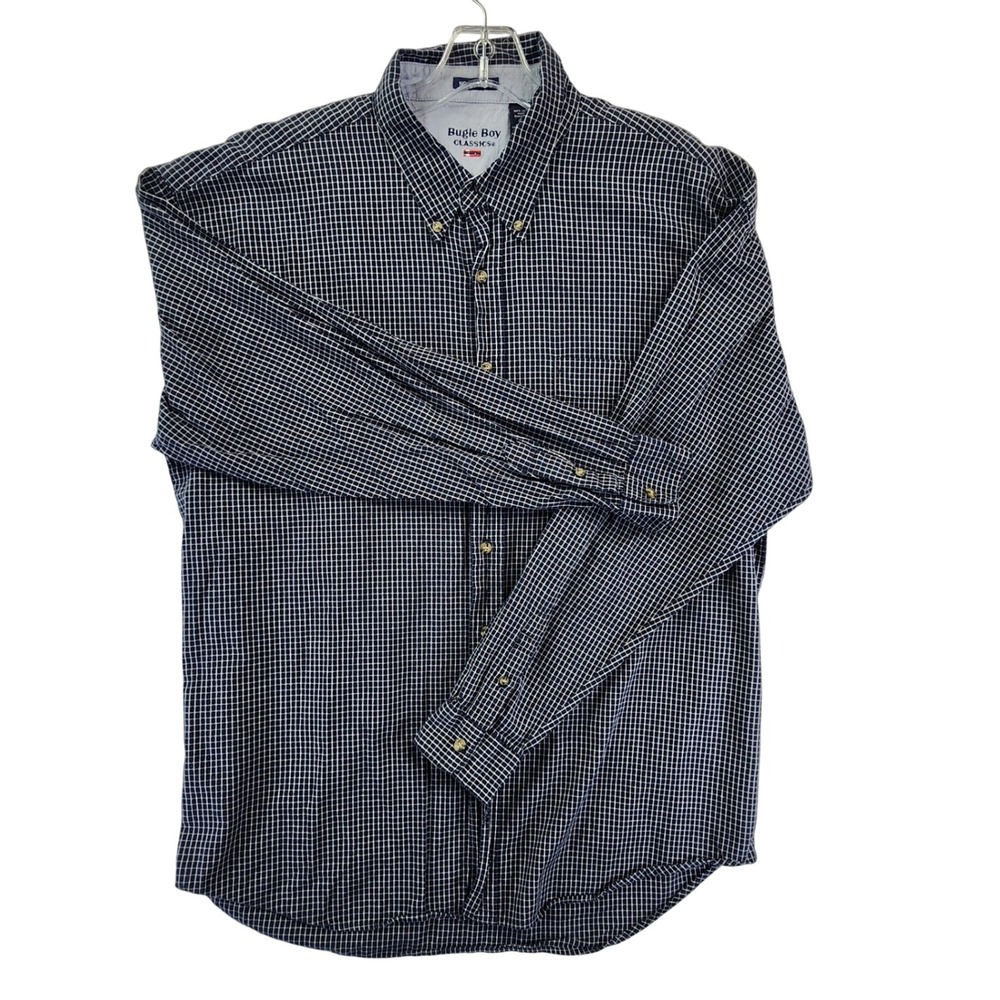 Bugle Boy Mens XL Navy Blue Grid Check Button Down Shirt No Wrinkle 90s Preppy